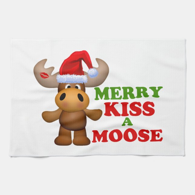 Cute Merry Kiss A Moose Christmas Towel (Horizontal)