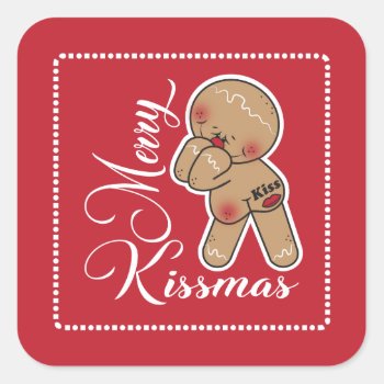 Cute Merry Kissmas Gingerbread Man Square Sticker by HeeHeeCreations at Zazzle
