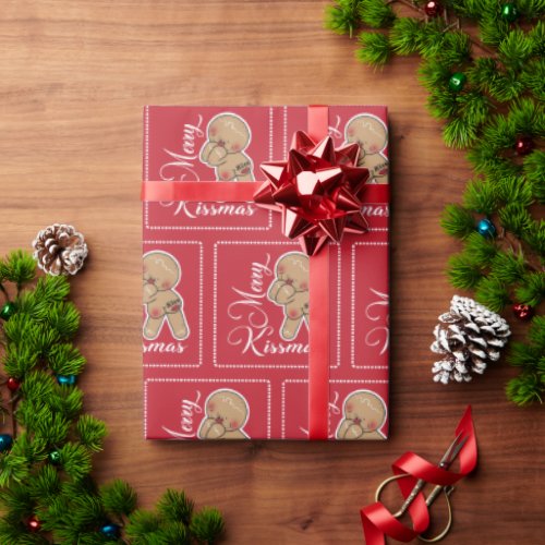 Cute Merry Kissmas Gingerbread man Wrapping Paper
