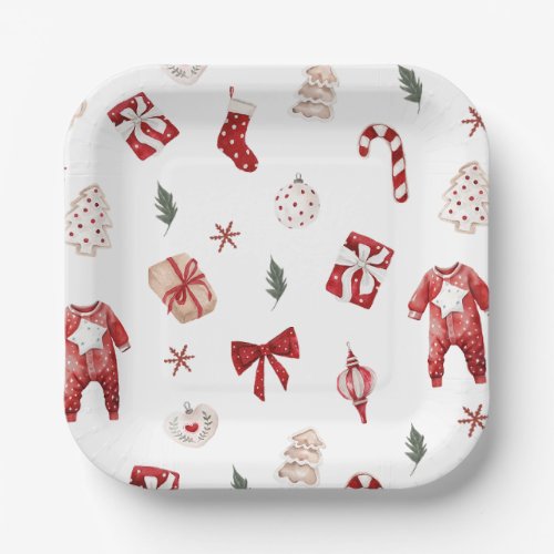 Cute Merry Little Red Winter Christmas Baby Shower Paper Plates