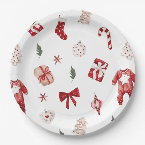 Cute Merry Little Red Winter Christmas Baby Shower Paper Plates