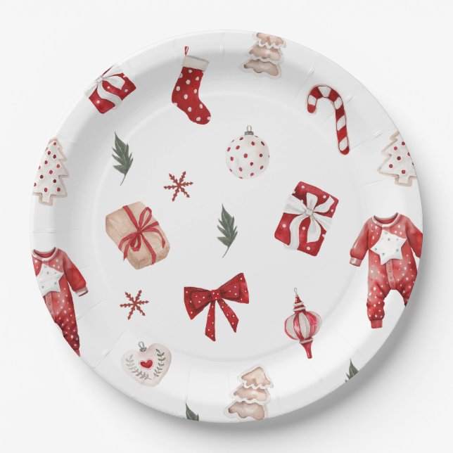 Cute Merry Little Red Winter Christmas Baby Shower Paper Plates (Front)