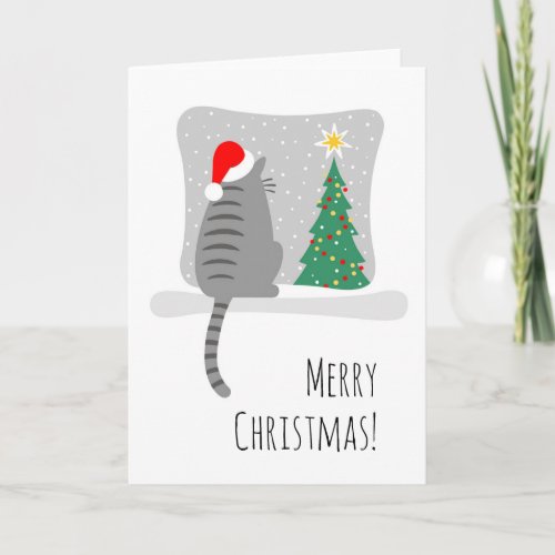 Cute Merry Meowy Christmas Tree Cat Snow Card