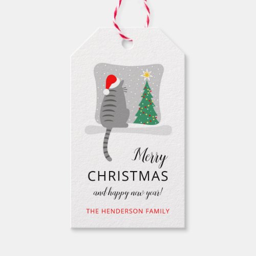 Cute Merry Meowy Christmas Tree Cat Snow  Gift Tags