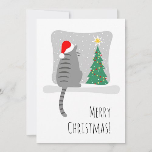 Cute Merry Meowy Christmas Tree Cat Snow Holiday Card