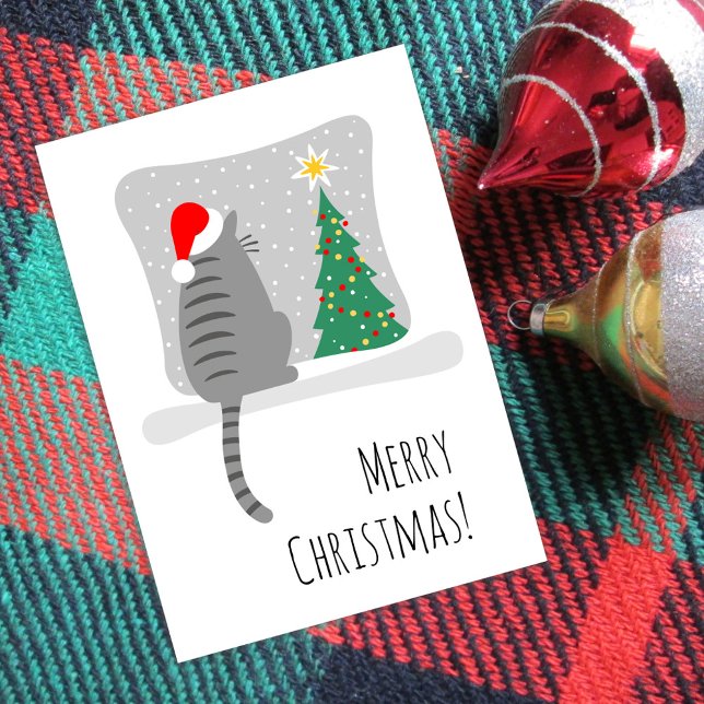 Cute Merry Meowy Christmas Tree Cat Snow Holiday Card (Creator Uploaded)