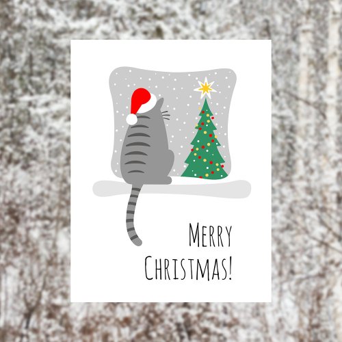 Cute Merry Meowy Christmas Tree Cat Snow Holiday Postcard