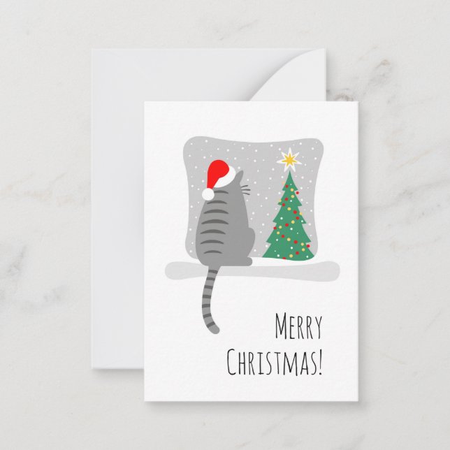 Cute Merry Meowy Christmas Tree Cat Snow Note Card (Front)