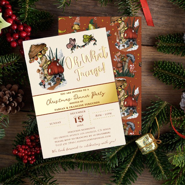 Cute Merry Mushroom House Christmas Holiday Party  Foil Invitation (Real Gold Foil Magical Mushroom Christmas Dinner Party Invitations)