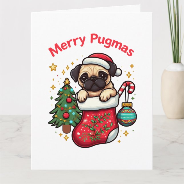 Cute "Merry Pugmas" Christmas Pug Card (Front)