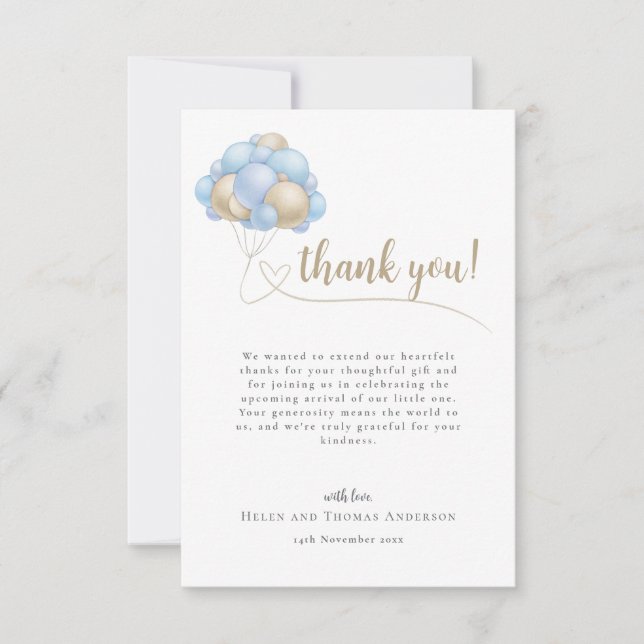 Cute message Blue Balloon Baby Shower  Thank You Card (Front)