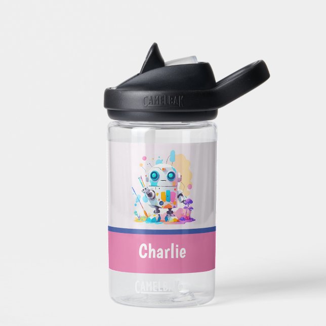 Cute Messy Robot Painting Fun Splashes Water Bottle (Left)