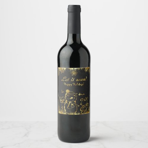 Cute Metallic Gold And Black_ Merry Christmas Wine Label