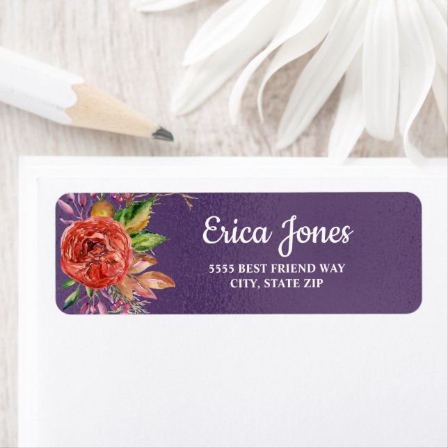 Cute Metallic Purple Violet Red Flower White Text Label (Insitu)