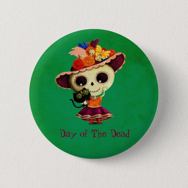 Cute Mexican Day of The Dead Girl Pinback Button (Front)