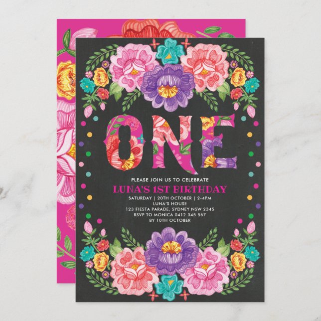 Cute Mexican Floral Fiesta 1st Birthday Chalkboard Invitation (Front/Back)