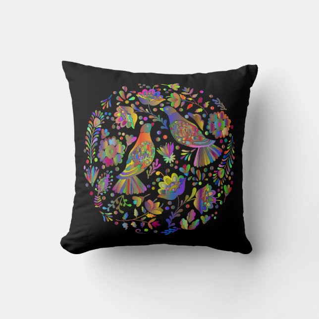 Cute Mexican Folk Art, Birds and Flowers Throw Pillow (Front)