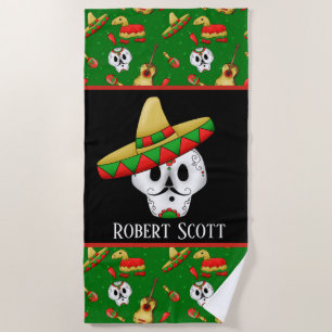 Cute Mexican skull add name Beach Towel