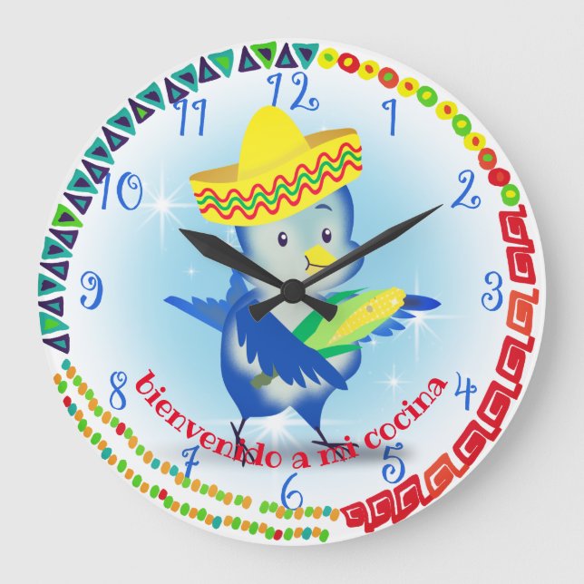 Cute Mexican sombrero bird personalized kitchen Large Clock (Front)