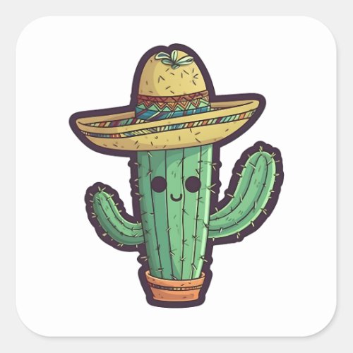 Cute Mexican Sombrero Cactus Plant Square Sticker