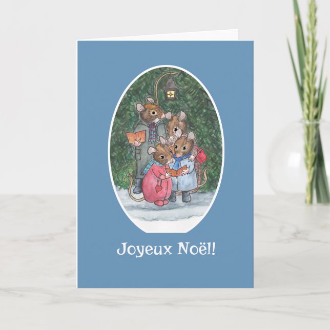 Cute Mice Carol Singers French Greeting Holiday Card (Front)
