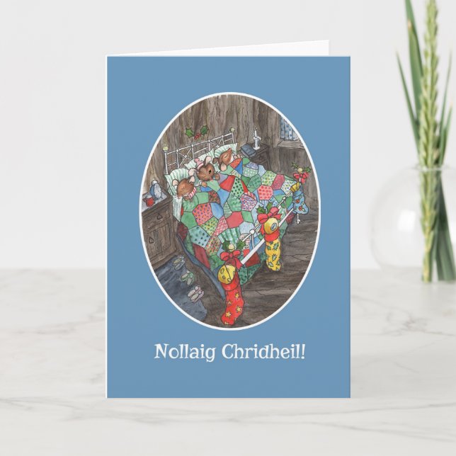 Cute Mice Christmas Stockings Scottish Gaelic Holiday Card (Front)