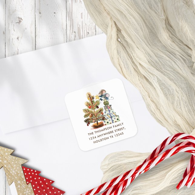 Cute Mice Christmas Tree Name Return Address Square Sticker (Cute Mice return name and Address)