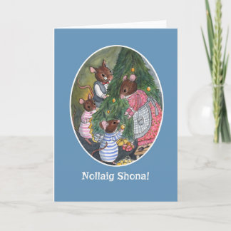 Cute Mice Decorating Christmas Tree Irish Gaelic Holiday Card
