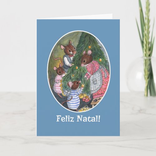 Cute Mice Decorating Christmas Tree Portuguese Holiday Card