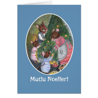 Cute Mice Decorating Christmas Tree Turkish Cards