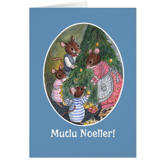 Cute Mice Decorating Christmas Tree Turkish Cards (Front)