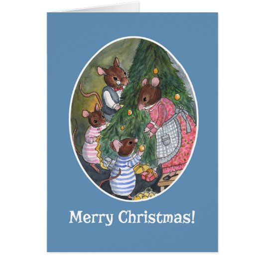 Cute Mice Family Decorating Christmas Tree Cards (Front)