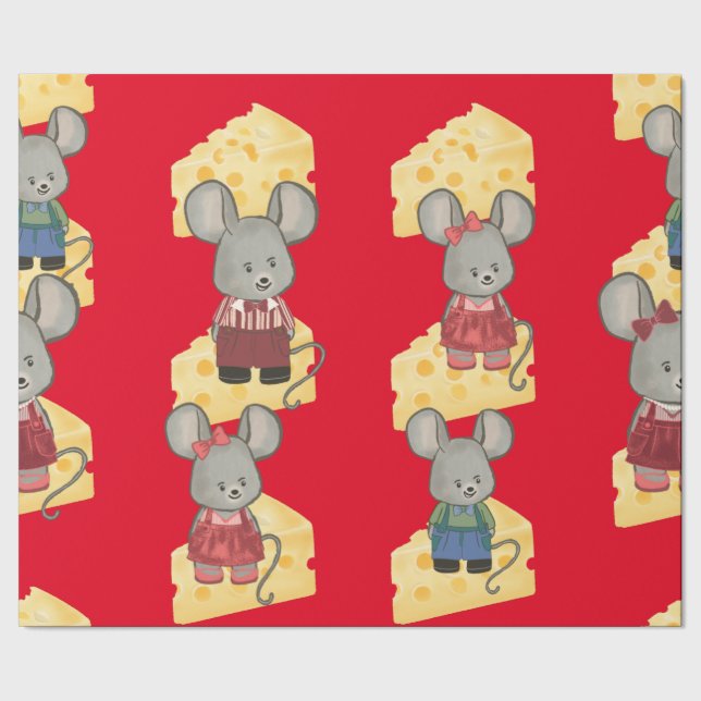 Cute Mice Family Sitting On Cheese Wrapping Paper (Seam)