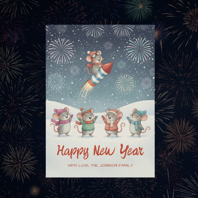 Cute Mice Happy New Year Fireworks Holiday Card (Creator Uploaded)