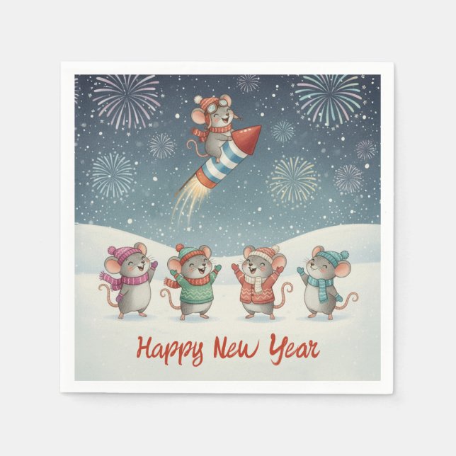 Cute Mice Happy New Year Fireworks Napkins (Front)