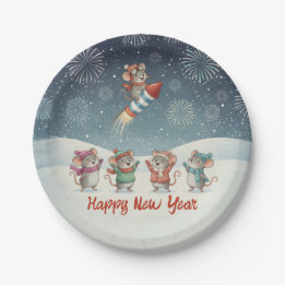 Cute Mice Happy New Year Fireworks Paper Plates