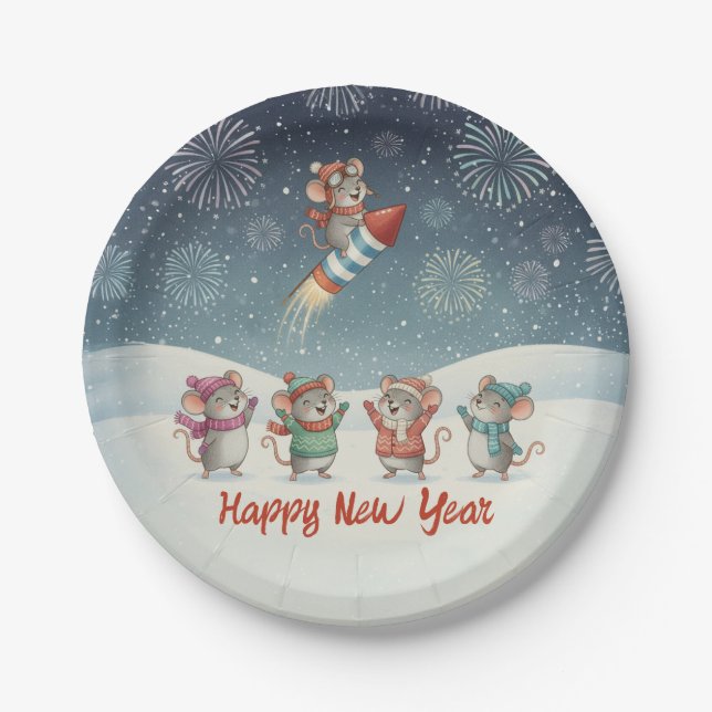 Cute Mice Happy New Year Fireworks Paper Plates (Front)
