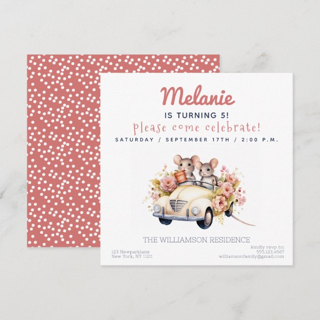Cute Mice in a Car Kids Birthday Party Invitation (Front/Back)