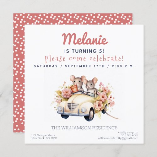 Cute Mice in a Car Kids Birthday Party Invitation