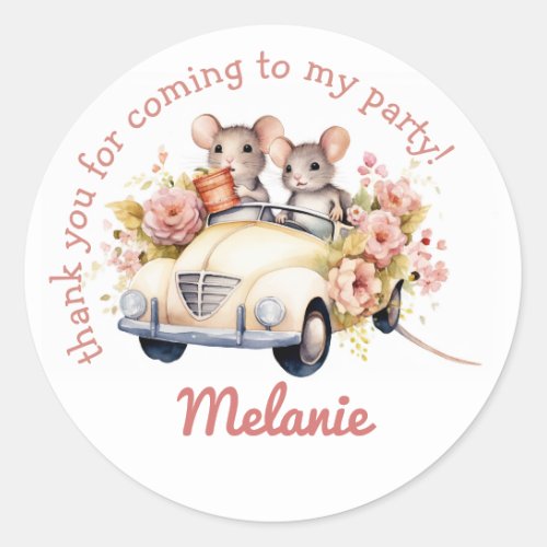 Cute Mice in a Car Kids Birthday Party Thank You Classic Round Sticker