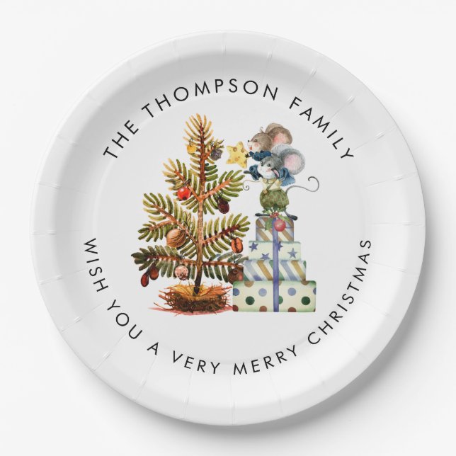 Cute Mice Merry Christmas Tree Name Paper Plates (Front)