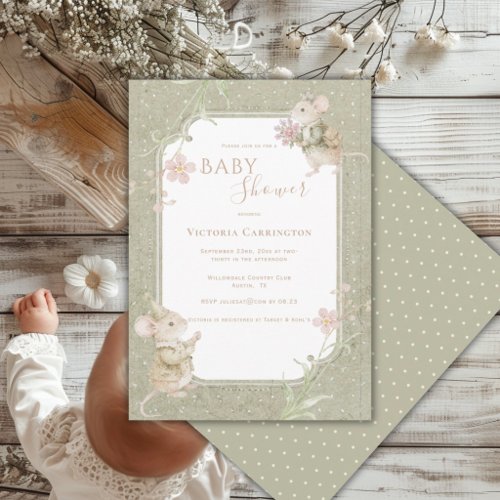 Cute Mice Sage Green Floral Vintage Baby Shower Invitation