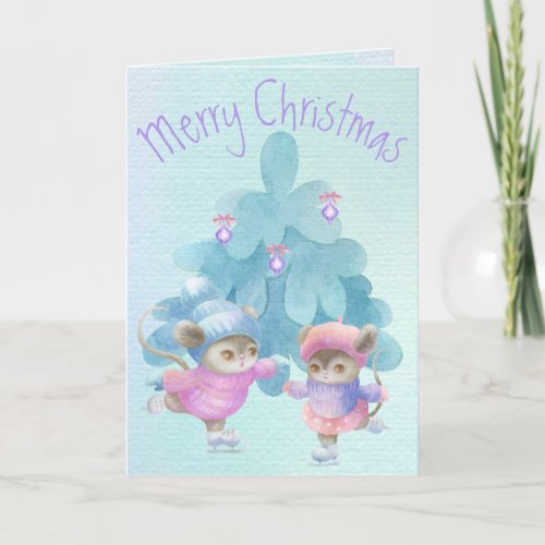Cute Mice Skating Blue Modern Watercolor Painting Holiday Card