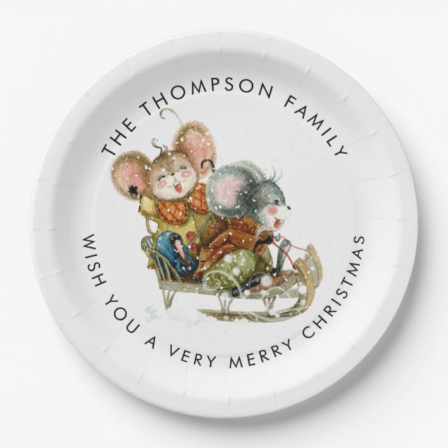 Cute Mice Sleigh Merry Christmas  Paper Plates (Front)