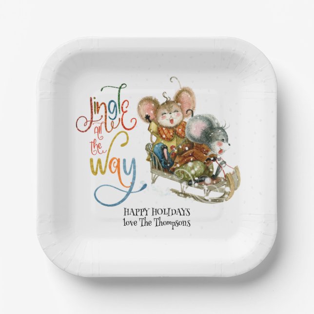 Cute Mice Sleighing Jingle All The Way Glitter Paper Plates (Front)