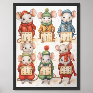Cute mice with green, blue and red hats framed art