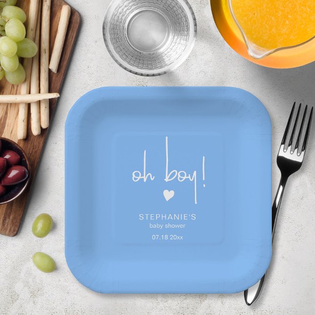 Cute Mid Blue Baby Boy Shower Paper Plates (Creator Uploaded)