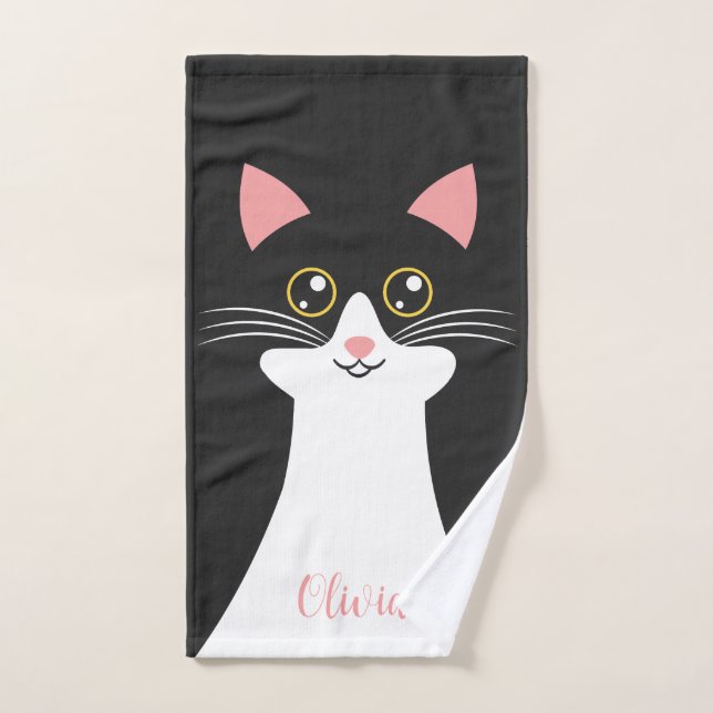 Cute Mid Century black cat portrait Bath Towel Set (Hand Towel)