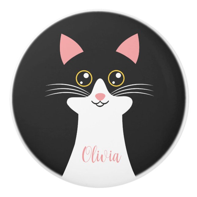 Cute Mid Century black cat portrait Ceramic Knob (Front)