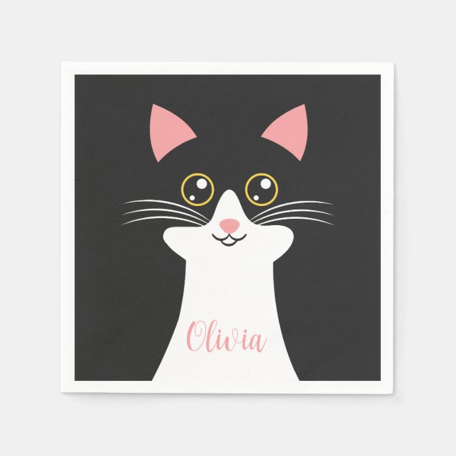 Cute Mid Century black cat portrait Napkins (Front)